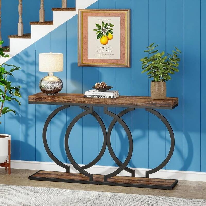 55.1" Industrial Rustic Console Table MDF Top with Black Geometric Metal Frame - 55.11" x 11.81" x 27.55"