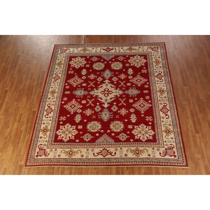 Hand Knotted Oriental 100% Wool Carpet Traditional Geometric Red Kazak Area Rug - 9' 3'' X 8' 5''