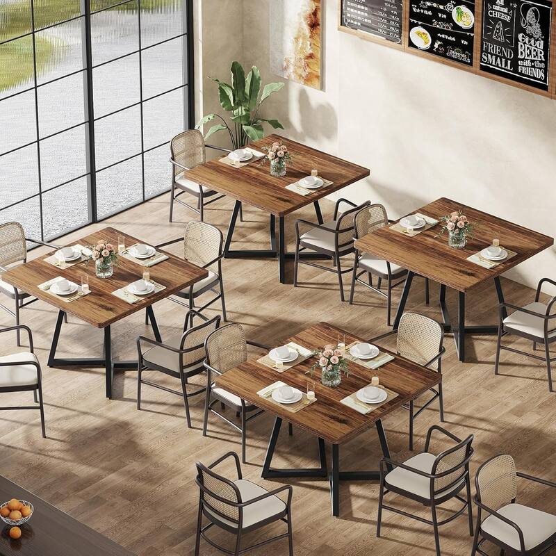 31.5 Inches Industrial Square Dinner Table with Metal Base - 4 PCS - Brown and Black