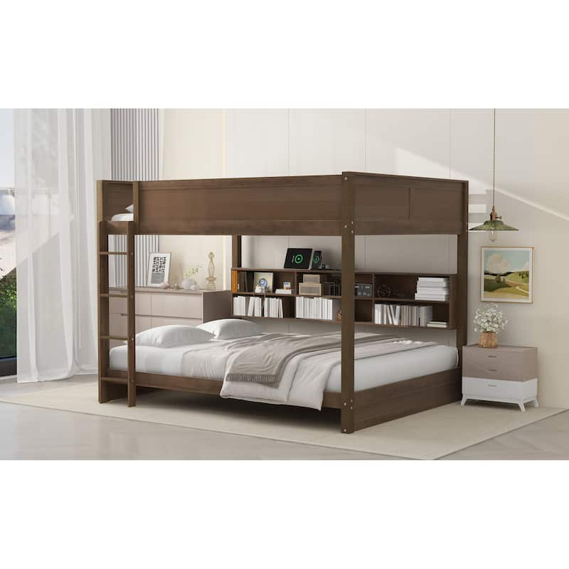 Queen over Queen Bunk Bed with Storage Cabinets, USB Ports, Antique Wood Finish