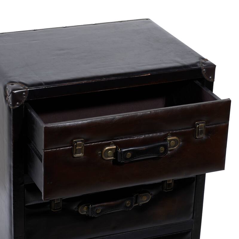 Dark Brown Faux Leather Vintage Faux Leather Cabinet with Buckles and Straps Detailing