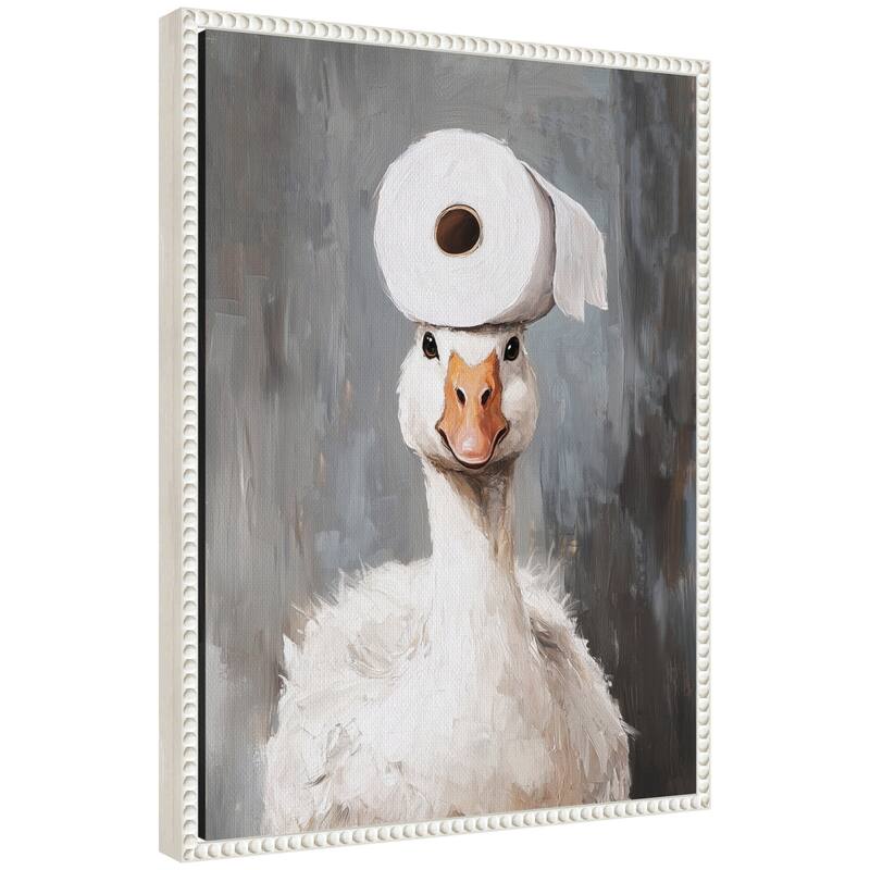 Kate and Laurel Sylvie Toilet Paper Roll on Cute Goose Head Bathroom Art Framed Canvas by The Creative Bunch Studio - 18x24