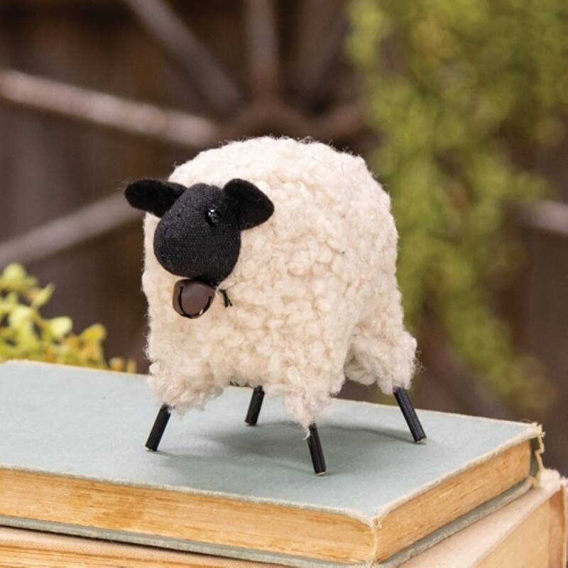 Primitive Jingle Bell Sheep Plush Figure Winter Table Decoration - 6" x 2" x 3.50"