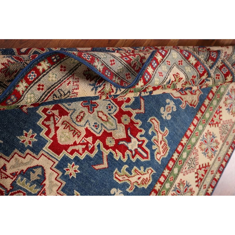 Blue Geometric Kazak Area Rug Hand-Knotted Geometric Wool Carpet - 5'0" x 6'8"