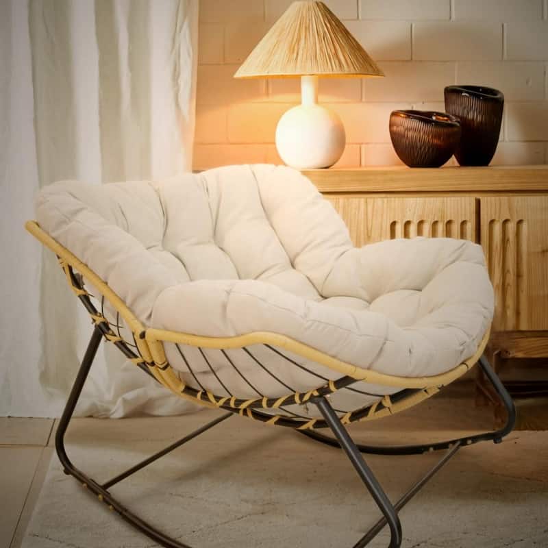 Outdoor Rattan Wicker Lounge Rocking Chair for Living Room - Beige