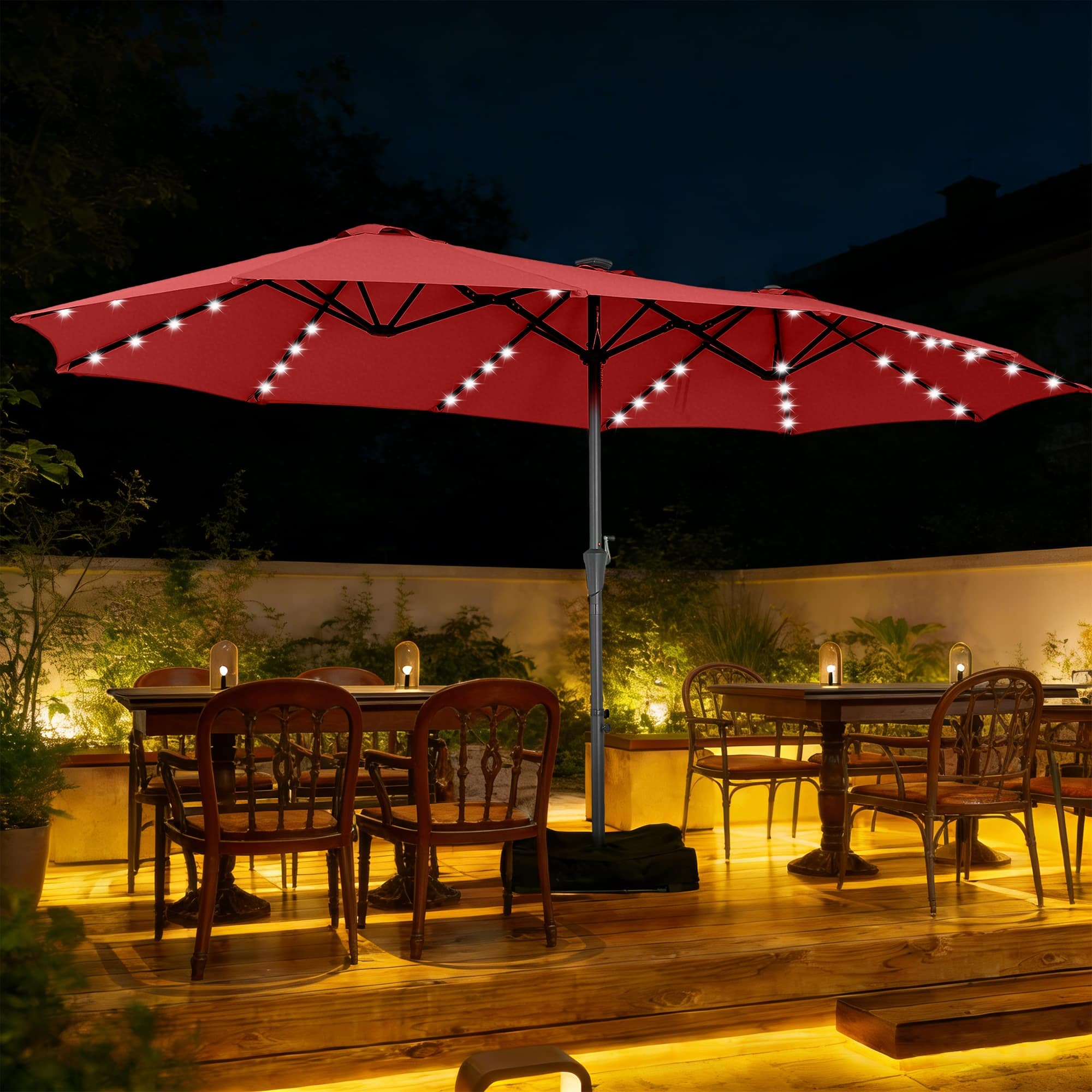 ainfox 15ft double-sided patio solar led lighted market umbrella Large Thatched Tiki with Lights and Weighted Sandbags, Outdoor Heavy-Duty Rectangle Umbrella for Garden It can be folded when not in use Ainfox 15ft Large Patio Umbrella