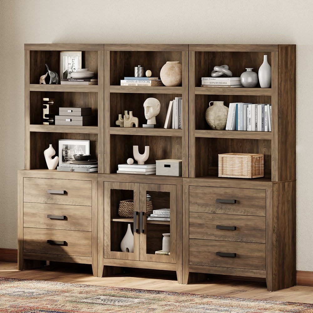 WAMPAT 74" Tall Bookshelf with Glass Doors and Drawers, 3-Tier Farmhouse Storage Cabinet