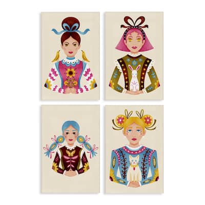 Stupell Floral Folk Women Portraits Canvas Wall Art Design By Hannah Moren (Set of 4)