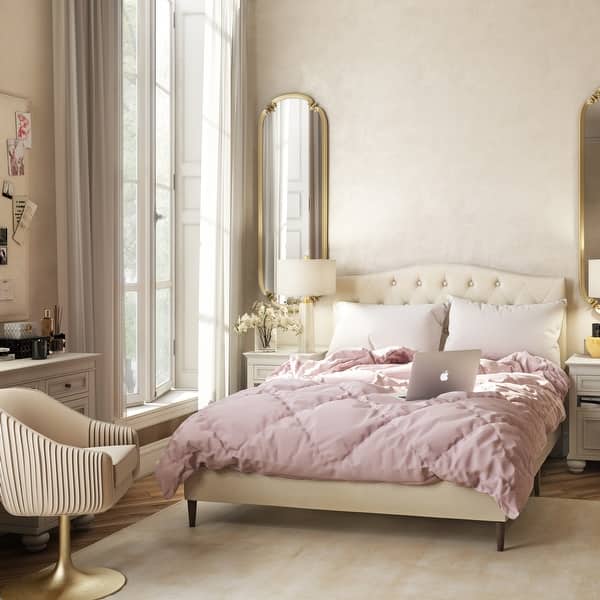 slide 1 of 15, Beige Arched Diamond Tufted Upholstered Full Platform Bed