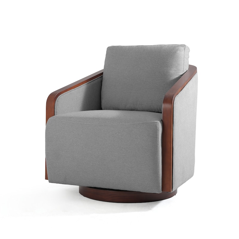 Upholstered Swivel Barrel Chair with Curved Wood Arms