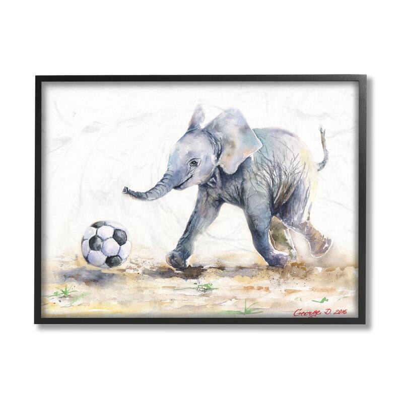 Stupell Elephant Baby Playing Soccer Adorable Jungle Animal Framed Wall Art