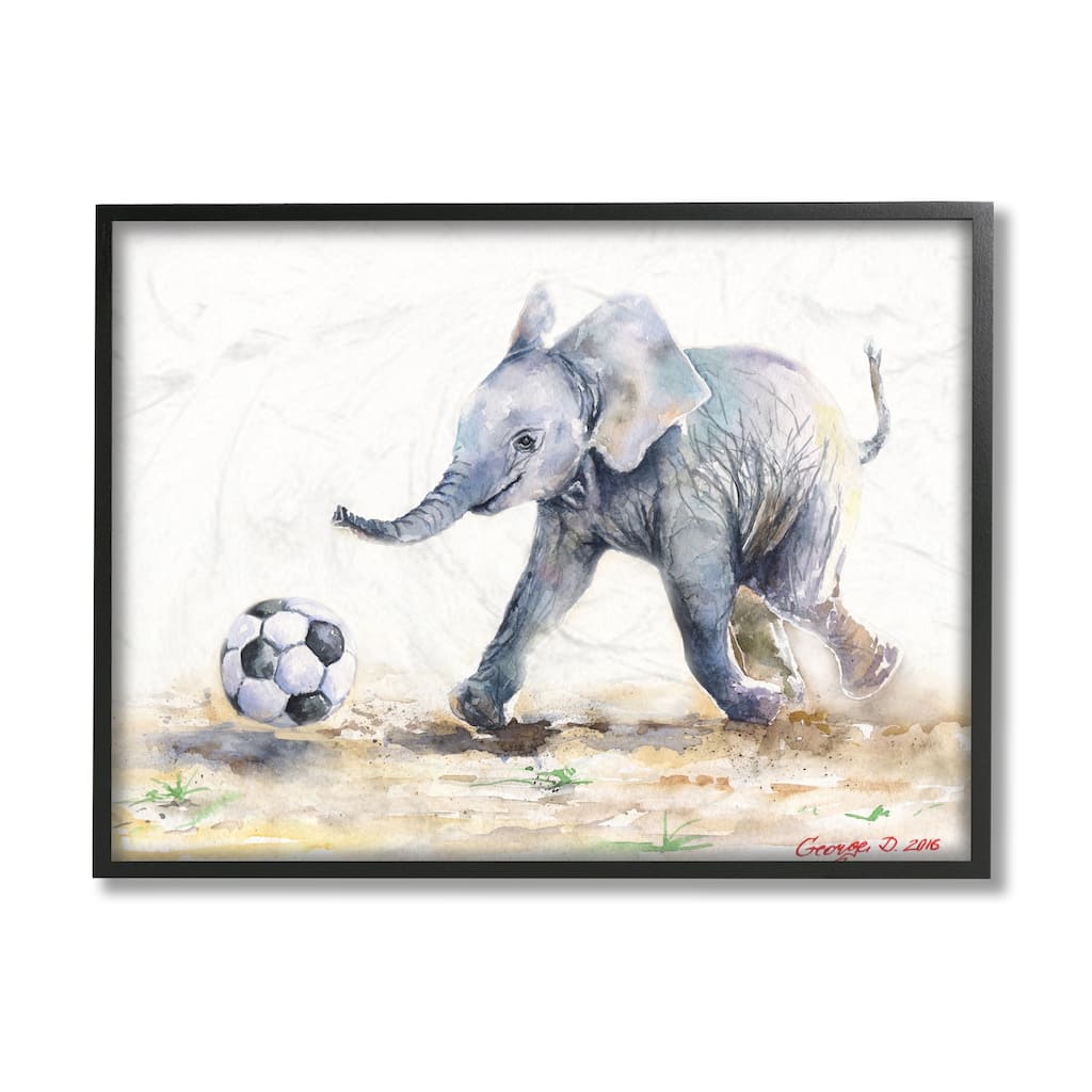 Stupell Elephant Baby Playing Soccer Adorable Jungle Animal Framed Wall Art
