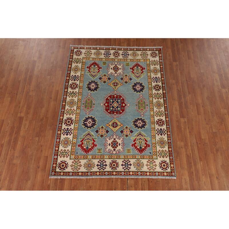 Light Blue Kazak Area Rug Handmade Traditional Wool Carpet - 5'1" x 6'11"