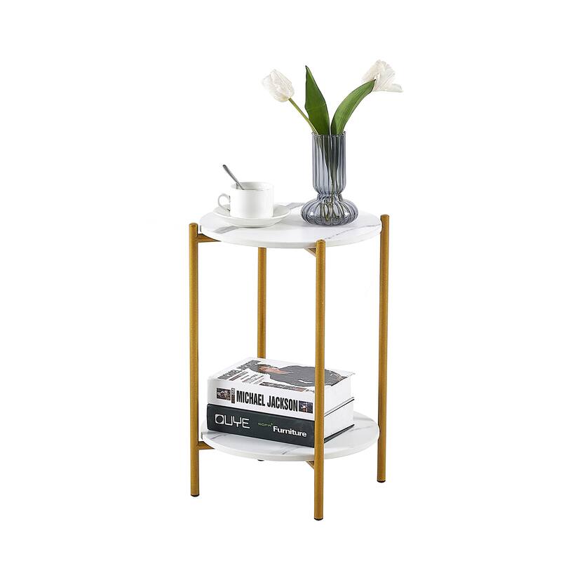 2-layer End Table with Whole Marble Tabletop, Round Coffee Table with Golden Metal Frame