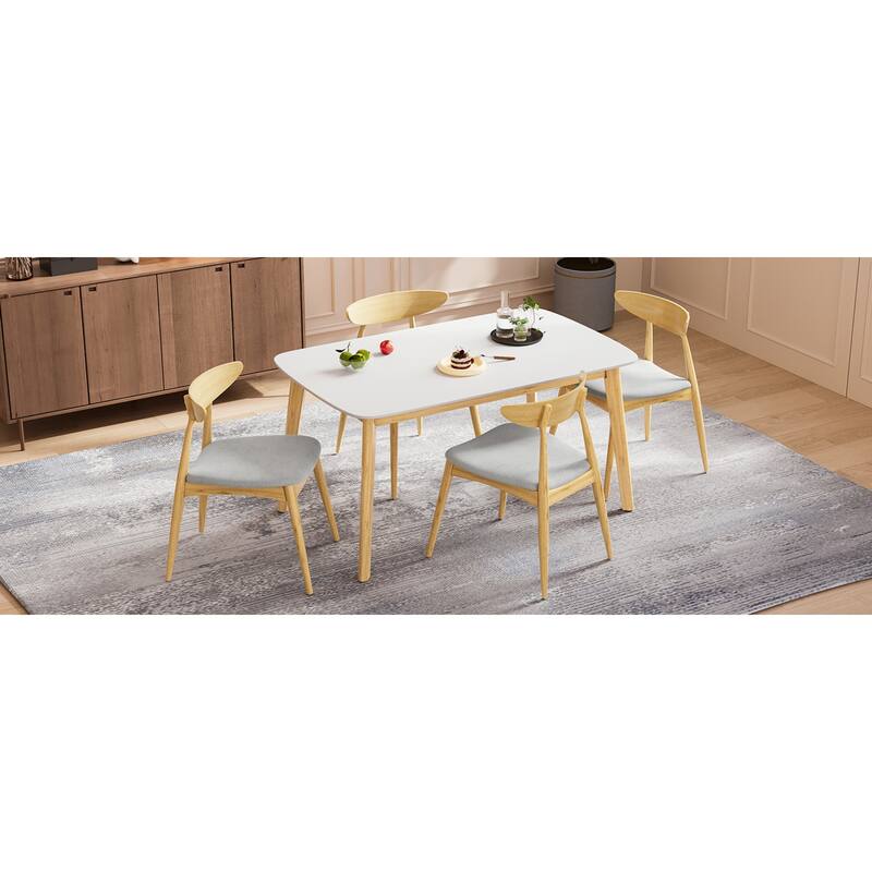 Roomfitters 5-Piece Scandinavian Dining Set, 59" White Oak Table with 4 Ergonomic Beige Upholstered Chairs