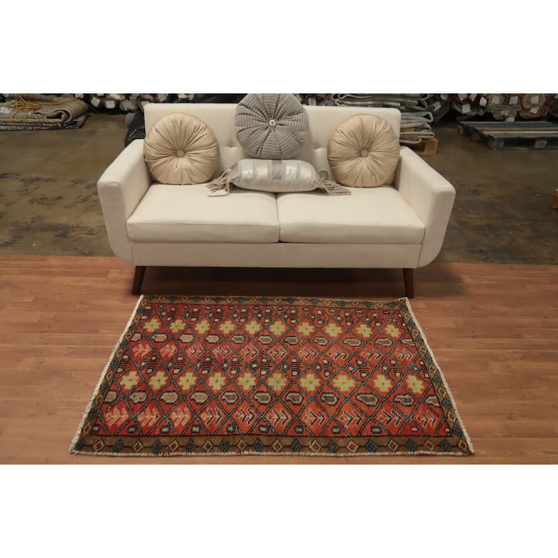 Hand Knotted Oriental 100% Wool Carpet Traditional Geometric Oranges & Rust Ardebil Area Rug - 4' 6'' X 3' 2''