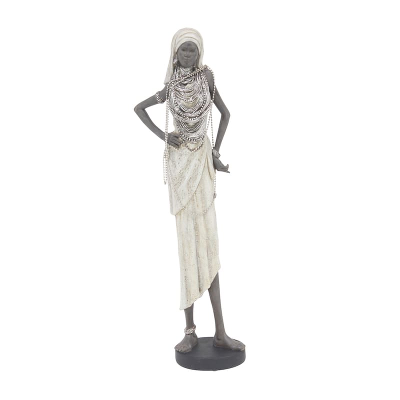 White Polystone Handmade Standing African Woman Decorative Sculpture with Intricate Jeweled Details (Set of 3)