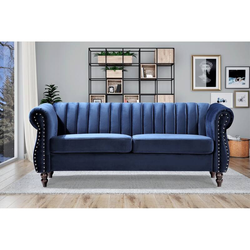 Charlot Velvet Chesterfield Rolled Arm Sofa - Dark Blue