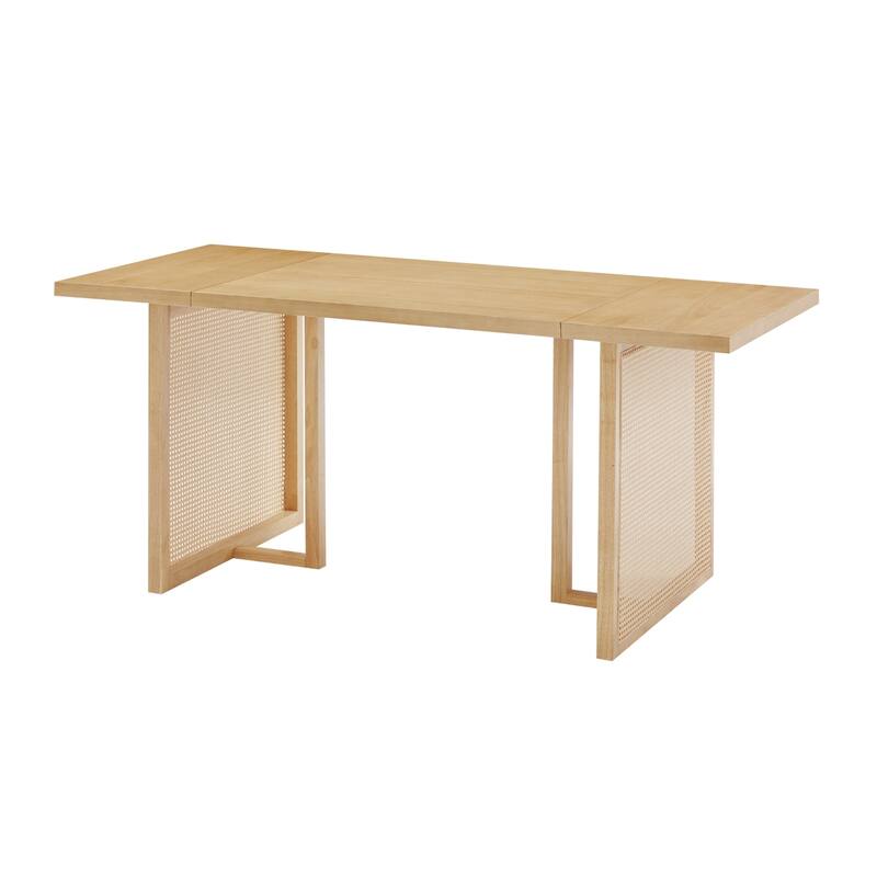 Willow Boho Dining Table for 6 with Solid Wood Legs, Dining Table with Bohemian Rattan Accent