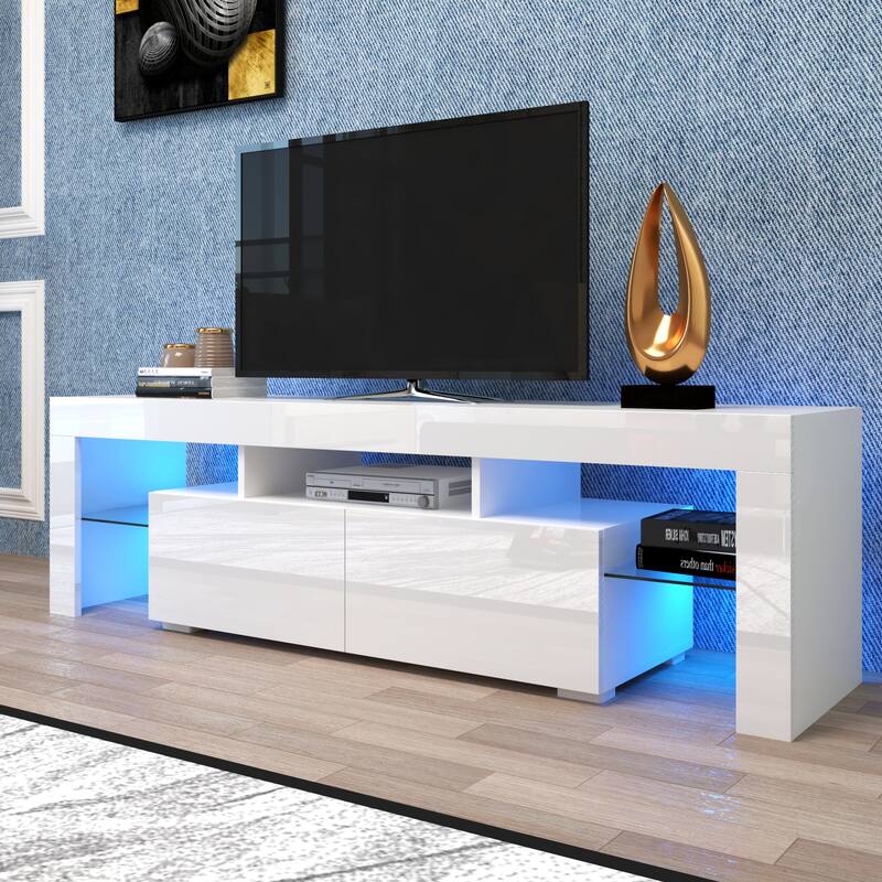 Anmytek Modern High Gloss White TV Stand with LED Lights for 55 inch TV Entertainment Center Storage Cabinet