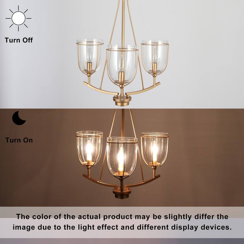 Modern 3-Light Goblet Glass Chandeliers Gold Frame Hanging Lights for Dining Room - D19'' x H82''