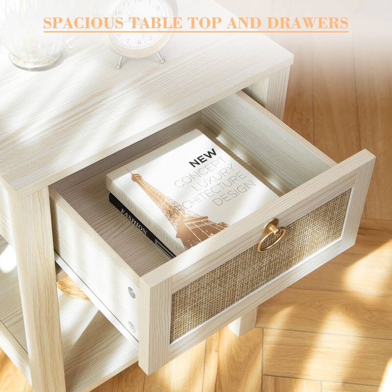 SICOTAS Farmhouse 1-Drawer Rattan Nightstand
