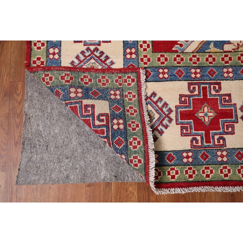Red Geometric Kazak Oriental Area Rug Hand-Knotted Wool Carpet - 8'1" x 11'0"