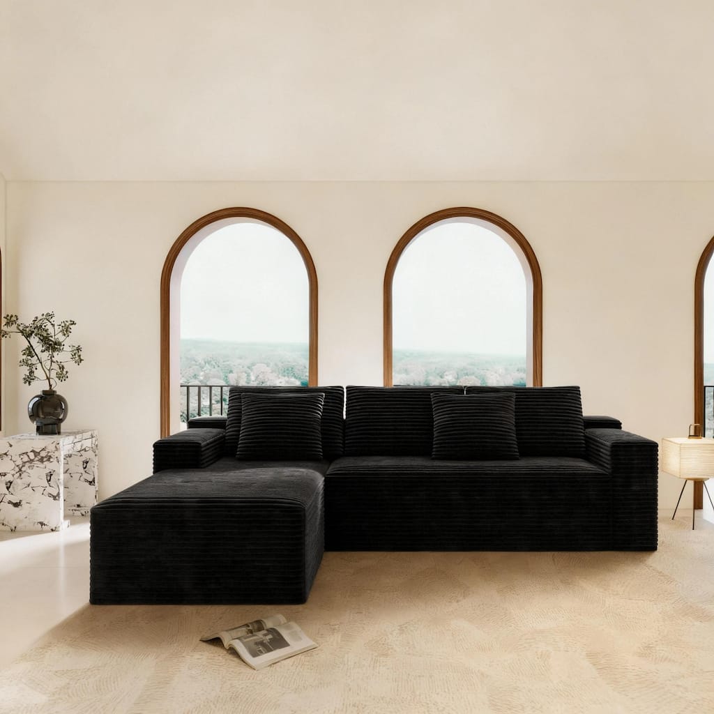 Roomfitters 104.3" Modular Cloud Sectional Sofa, L-Shape Chaise, No Assembly, Deep Seat, Plush Corduroy, Black