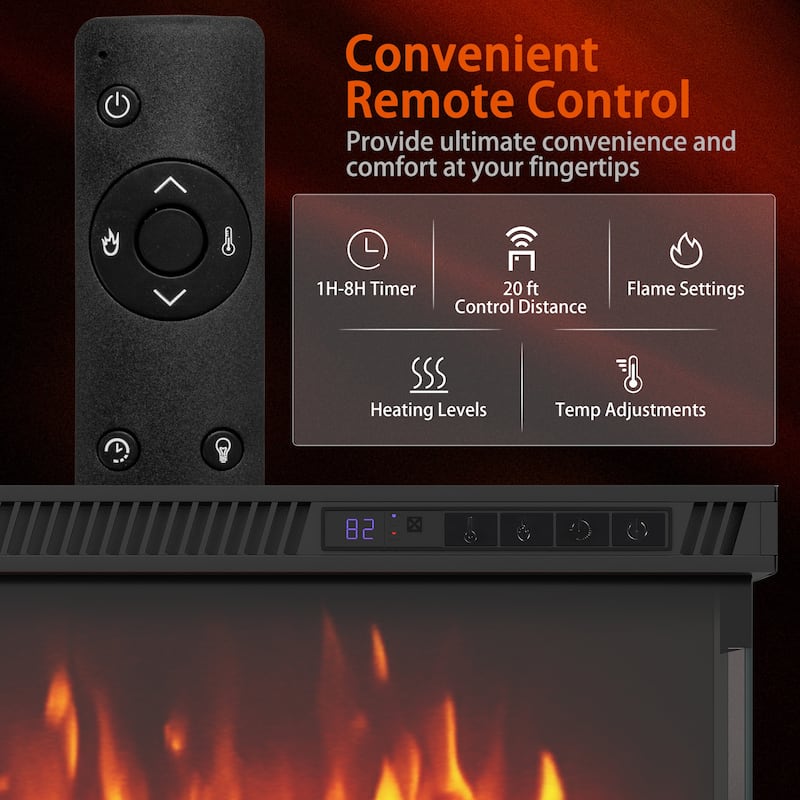 Black 3-Sided Electric Fireplace with Remote and Panoramic Tempered Glass Flames 5000 BTU Heater