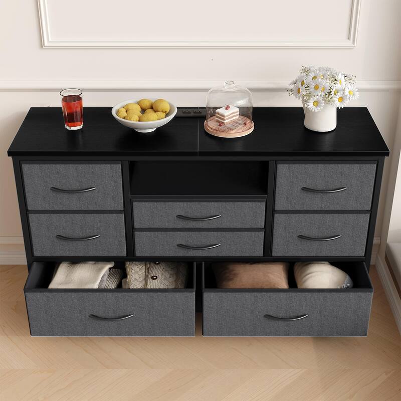 8-Drawer Fabric TV Stand with LED Lights & Built-in Power Outlets