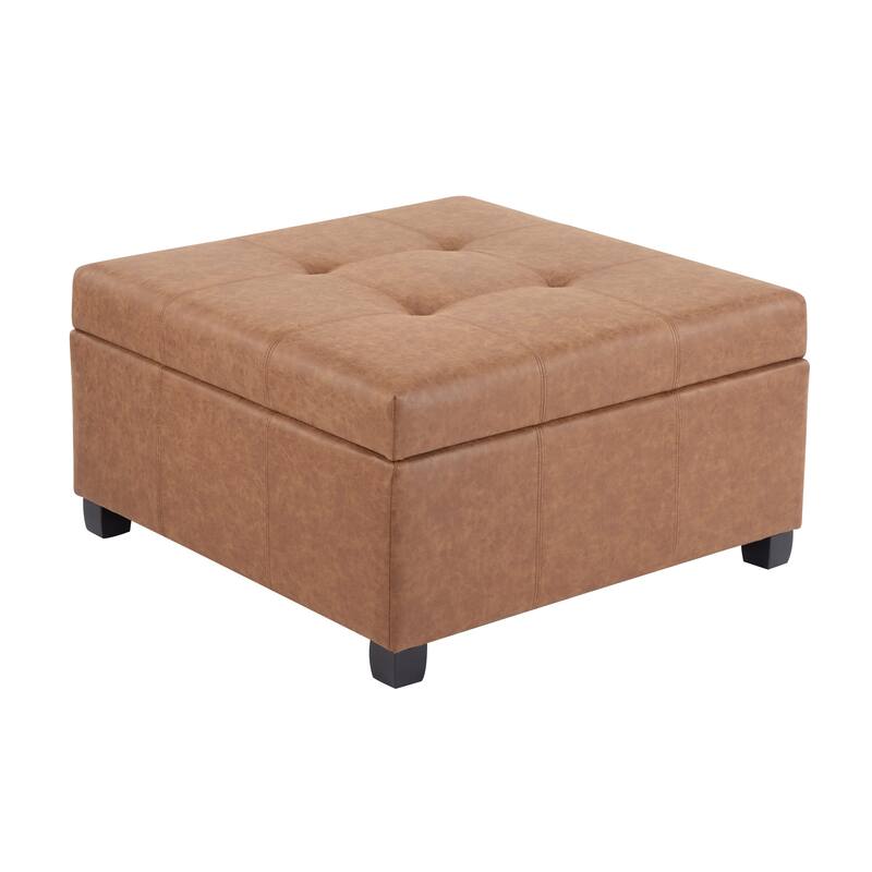 35" Square Brown PU Leather Storage Ottoman with Lift-Top & Soft-Close Lid