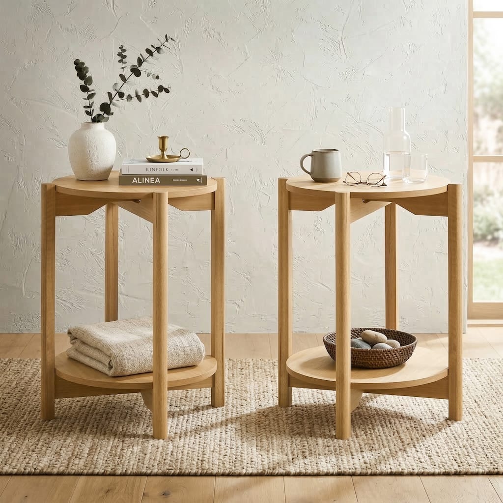 Furniture of America Rovion Round Wood End Table with Open Bottom Shelf (Set of 2)