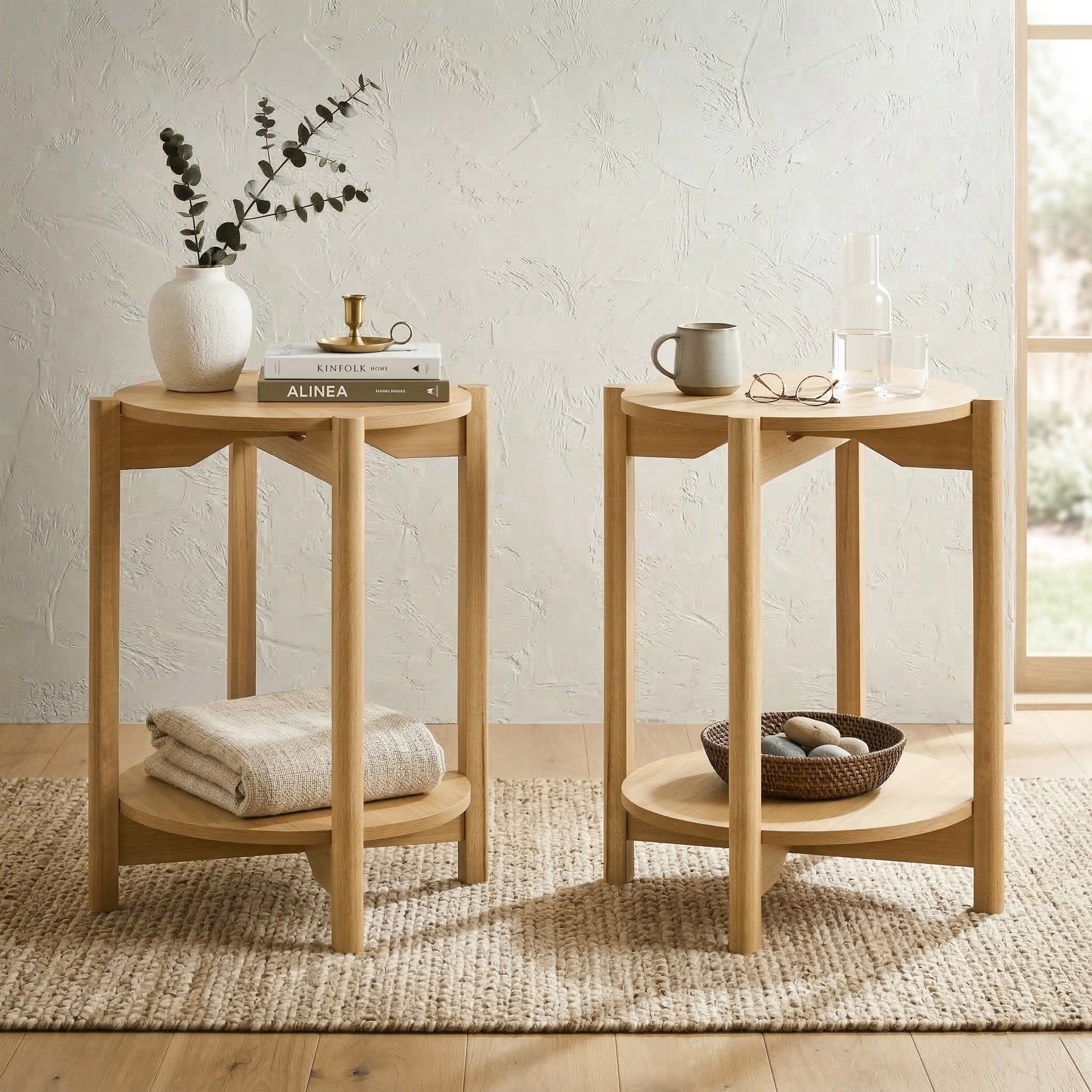 Furniture of America Rovion Round Wood End Table with Open Bottom Shelf (Set of 2)