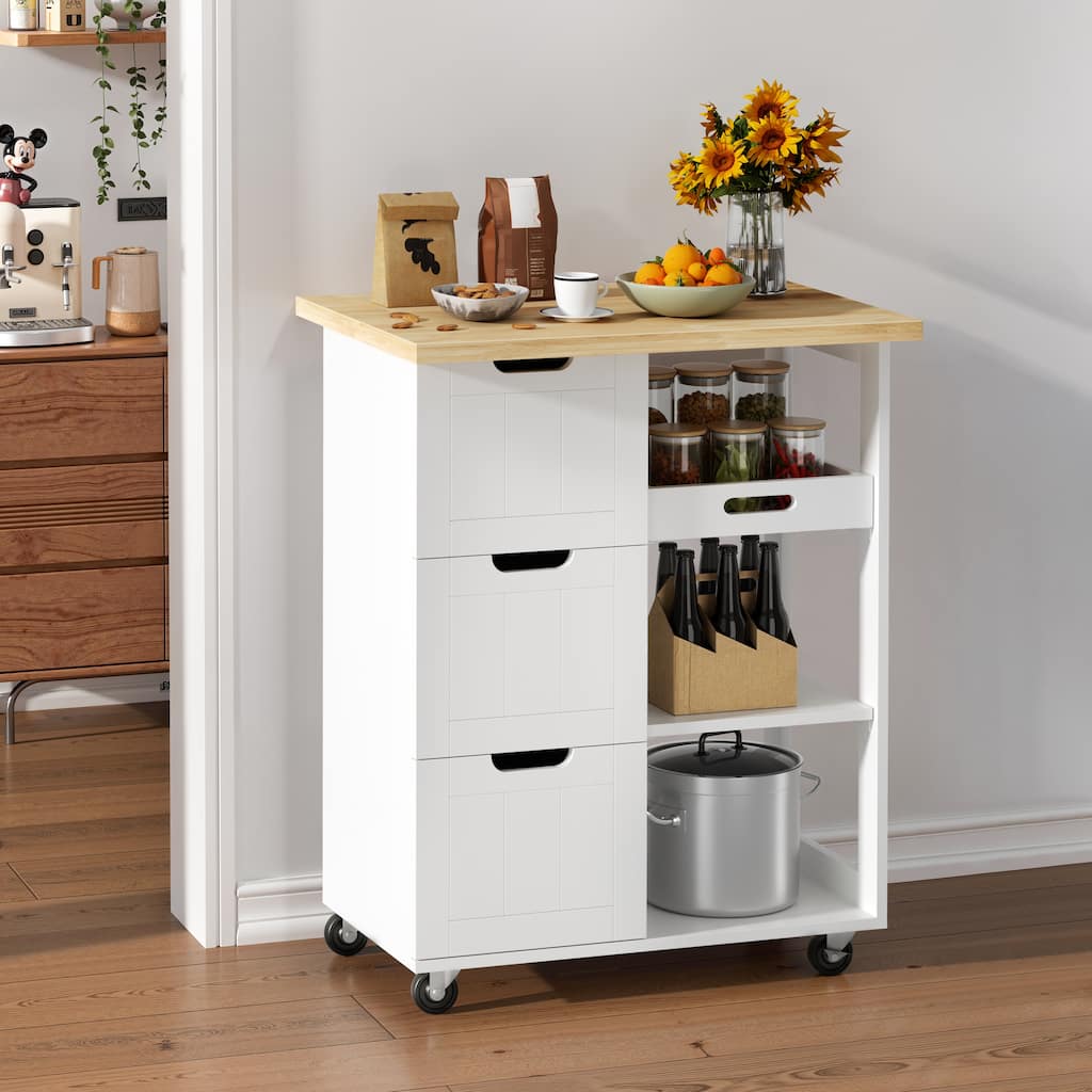 Futzca Mobile Kitchen Island Cart with 3 Open Shelves & Drawers, Removable Tray