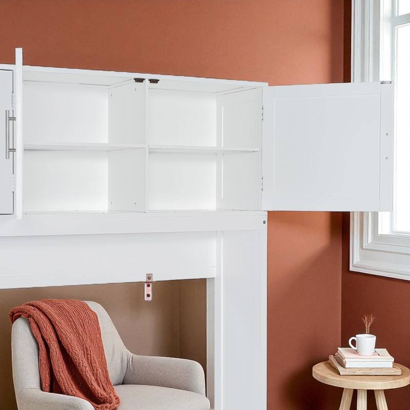Queen Murphy Wall Bed with Desk, Storage Shelves & Big Cabinets, White, Hydraulic Lift, 600 lb Capacity