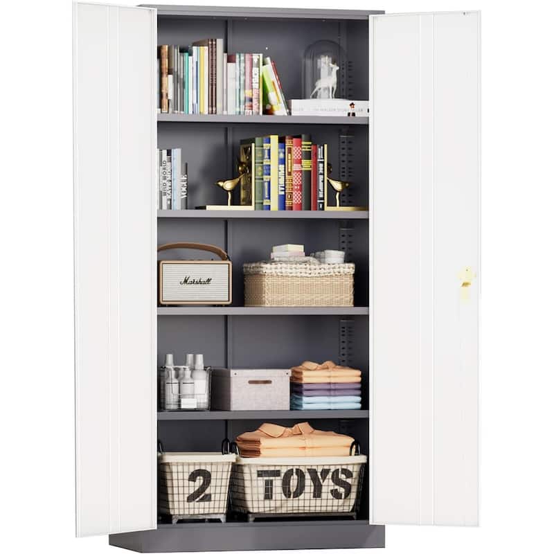 Tall Metal Locker Garage Storage Cabinet with Locking Doors and Adjustable Shelves for Office, Garage, Home, Pantry - Grey White