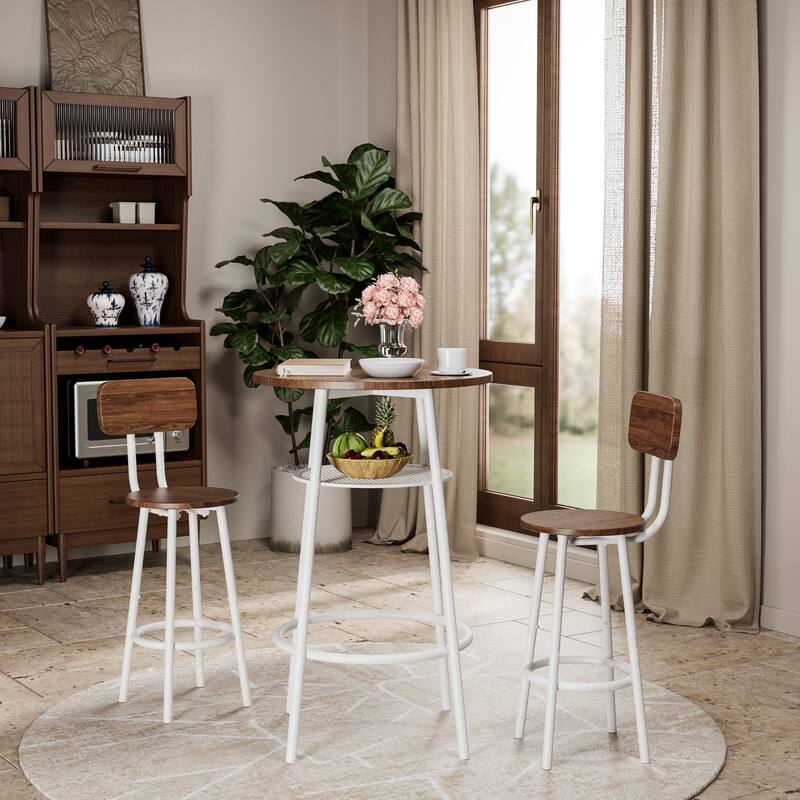 3-Piece Bar Table Set with 2 Bar Stools - Modern Pub Table with Backrests & Storage Shelf