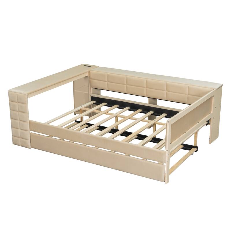 Full Size Upholstered Platform Bed with Storage Shelves, Desk, Charging Station and Trundle