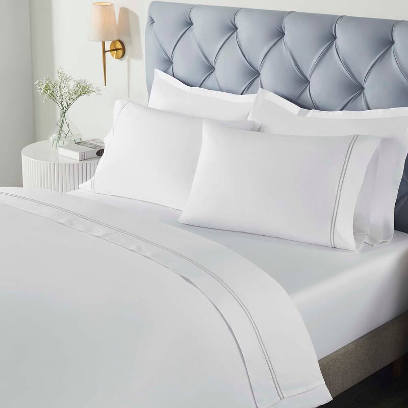 Superior Fieldstone Cotton Two-Line Embroidered Bed Sheet Set - White/Silver - Twin