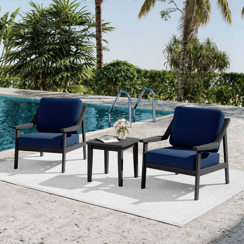 3-piece Teak Modern Cushioned Club Chairs Set Patio Bistro Set - BlackFrame-Navy