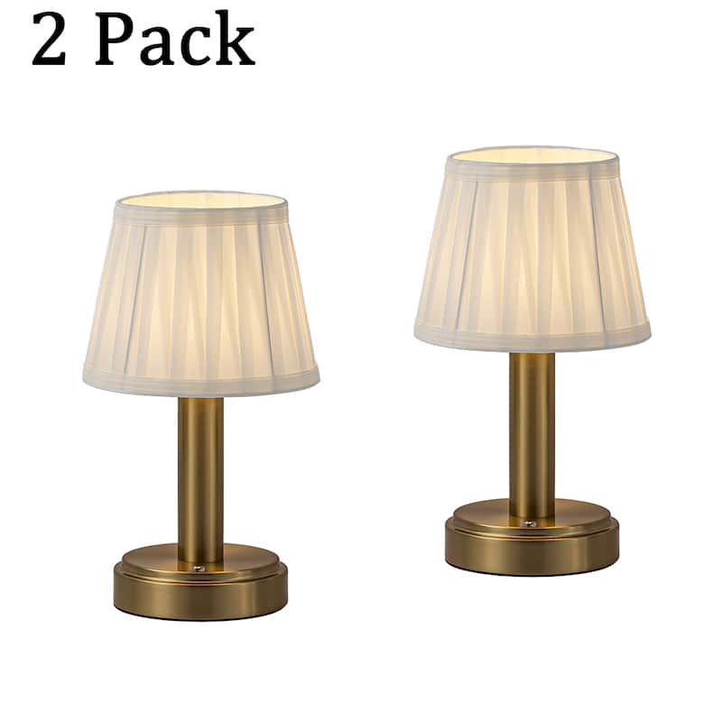 11'' Vintage Rechargeable Cordless LED Table Lamp Touch Control Mini Desk Lamp with Fabric Shade for Bedroom Living Room(2 Pack) - Brass