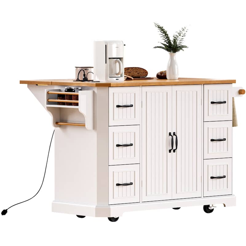 56" Rolling Kitchen Island with Storage Cabinet, Vertical Stripe Mobile Kitchen Cart Island Table with Power Outlet