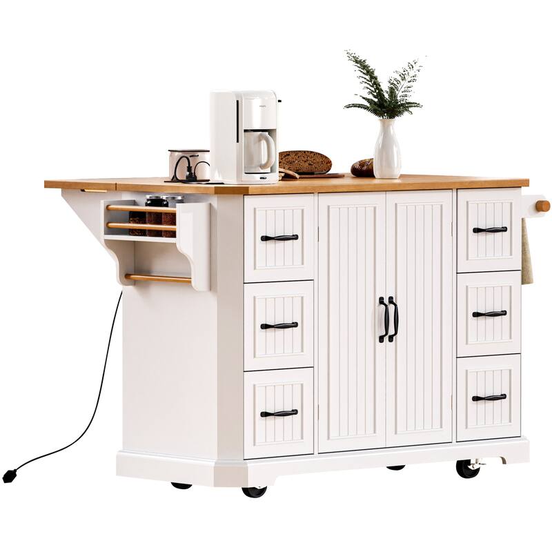 Kitchen Island Embossed Vertical Stripe Rolling Kitchen Cart with Rubber Wood Veneer Drop Leaf