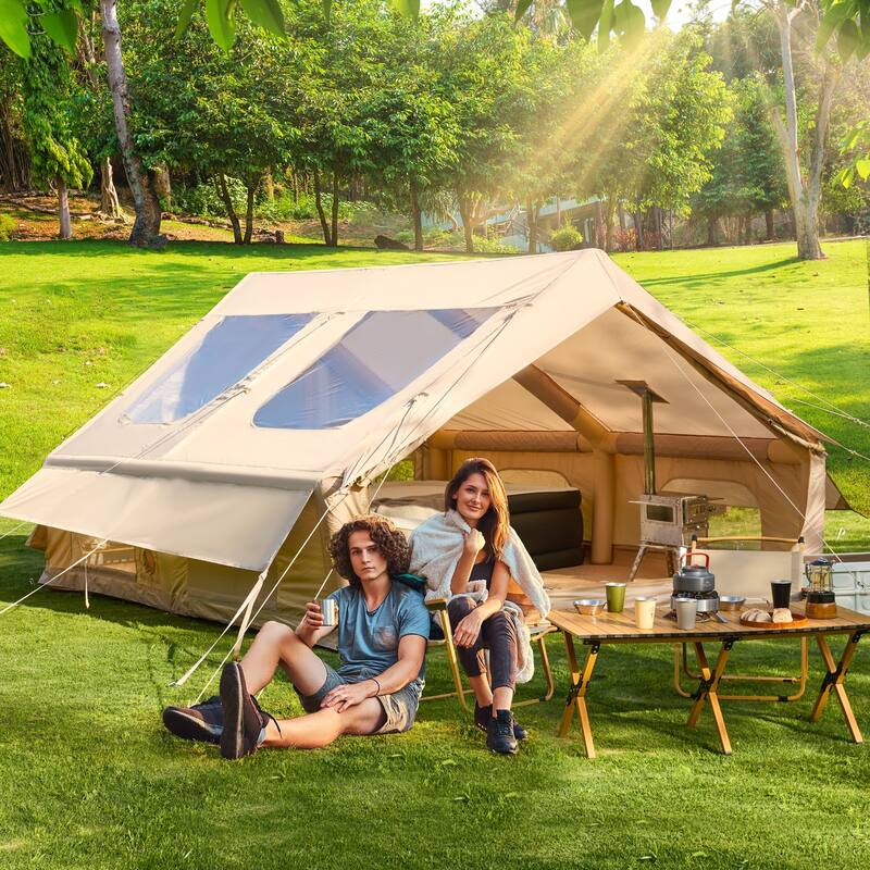 Erommy Inflatable Camping Tent, Glamping Tents 4 Season Waterproof Windproof Cotton Tent with Stove Jack & Mesh Windows & Pump