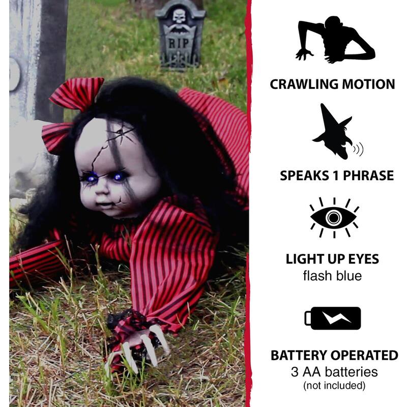 Haunted Hill Farm 44 In. Animatronic Doll, Indoor/Outdoor Halloween Decoration, Light-up Blue Eyes, Crawling, Battery