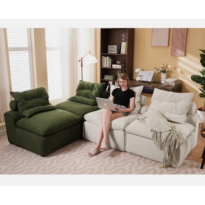 99" Modular Corduroy Sectional Sofa with 8 Pillows & Armless Design - Beige,Green