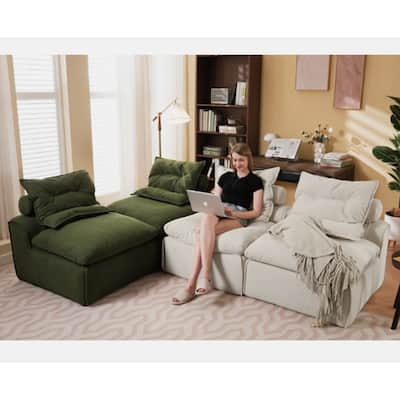 Modular 4-Seat Corduroy Sofa, Beige or Green, DIY, with Neck and Lumbar Pillows