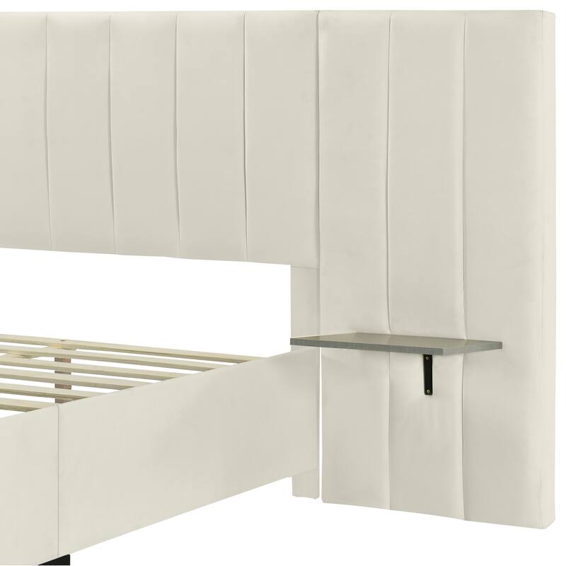 Modern Velvet Upholstered Platform Bed with Large Headboard