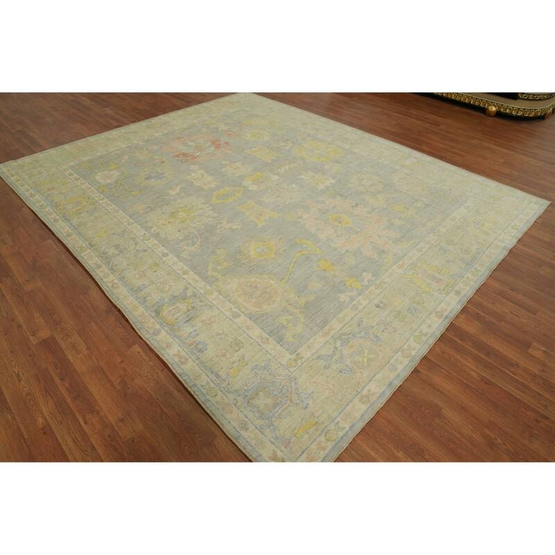 Vegetable Dye Wool Oushak Turkish Area Rug, Floral Geometric Carpet - 10' 1'' X 8' 3''