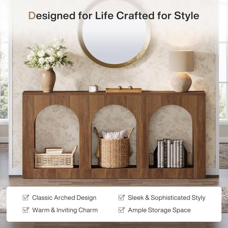 70.9" Console Table with Storage, Wood Entryway Table with 3 Arched Shelves - 11.8"L x 70.9"W x 35.4"H
